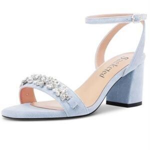 Saekcted Light Blue Gray Block Heel Rhinestone Strap Sandal Heel 7